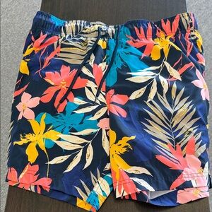 George Men’s Navy Tropical Floral Swim Trunks - Yellow, Coral, Teal